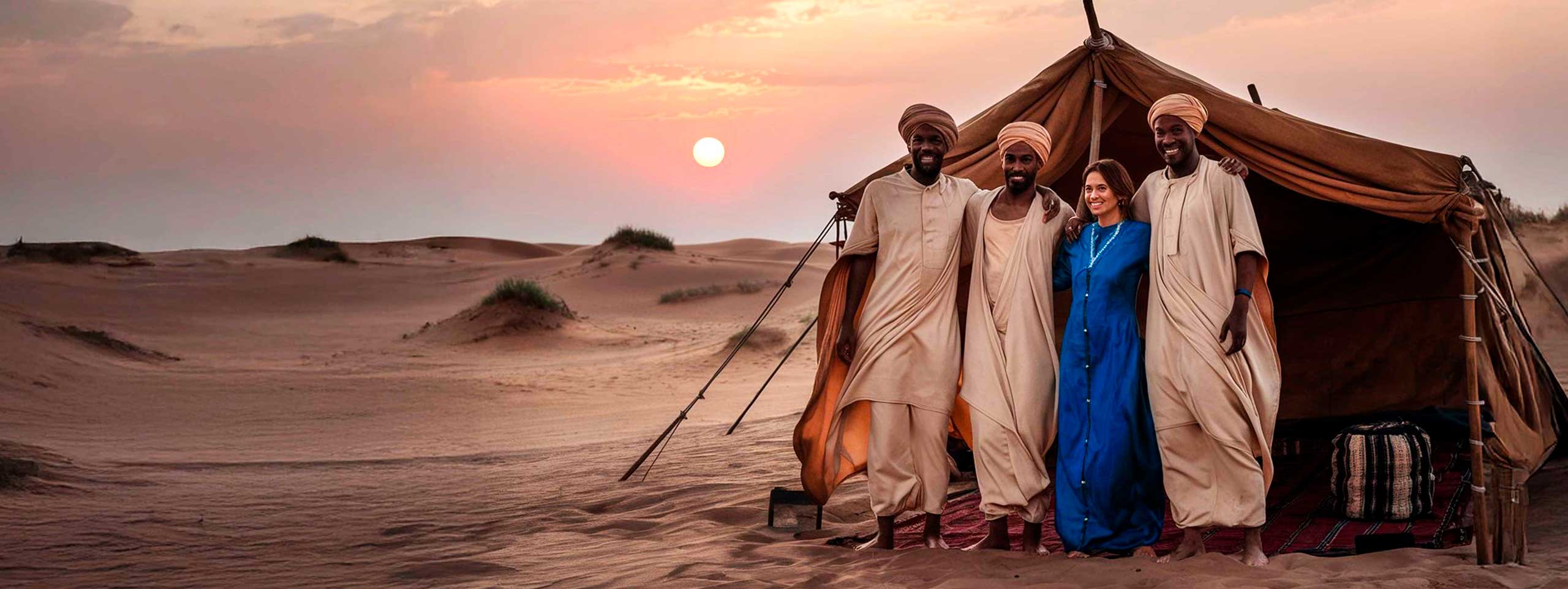 Vier lächelnde Menschen vor Zelt in Wüste bei Sonnenuntergang.